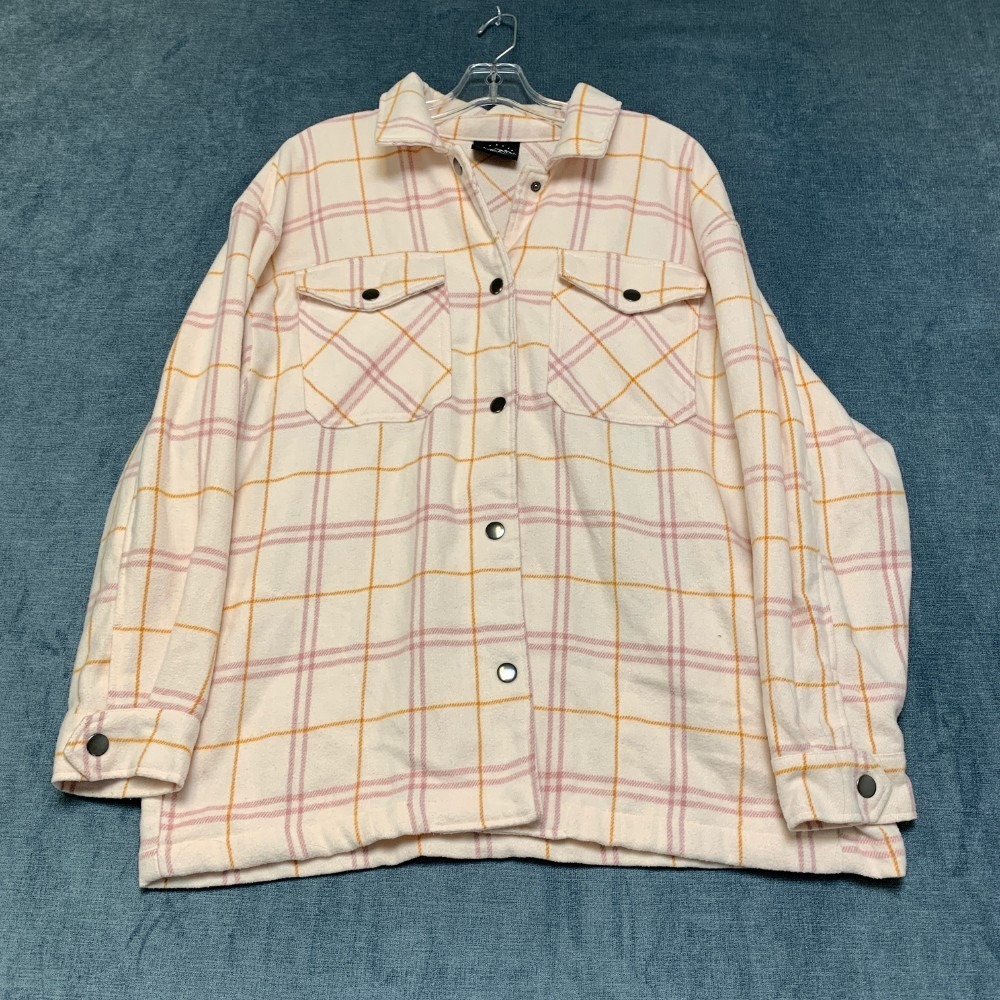 HFX Flannel Shirt Jacket Womens Medium Beige Grid Plaid Trendy Wear Snap Button